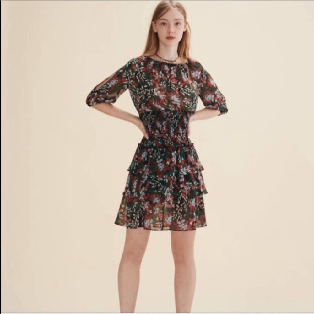 Maje Romeane Floral Print Ruffle Dress